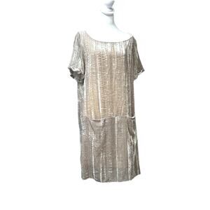 Floreat Anthropologie Crinkle Crushed Velvet Shift Dress Sz L Champagne